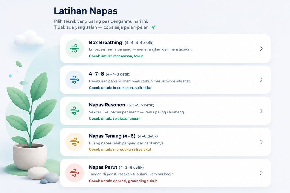 Lima teknik Latihan Napas: Box Breathing, 4-7-8, Napas Resonan, Napas Tenang, Napas Perut