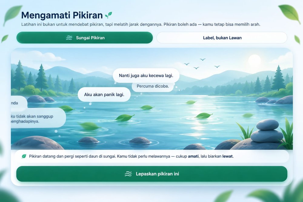 Latihan Mengamati Pikiran dengan mode Sungai Pikiran dan Label bukan Lawan